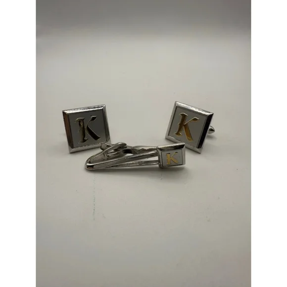 Men's Swank Silver Gold Tone K Initial Cuff Links & Tie Clip Set One Size