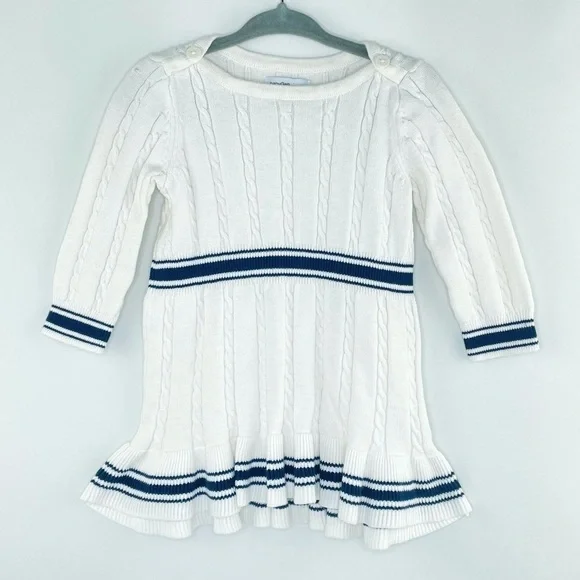 Baby Gap Ivory Frost Navy Cable Knit Long Sleeve Dress Ruffle Hem Sz 6-12 Mo
