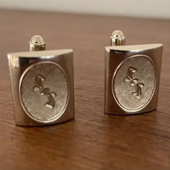 Vintage Gold Tone Etched‎ Curved Square Cufflink Set Rough And Smooth Surface
