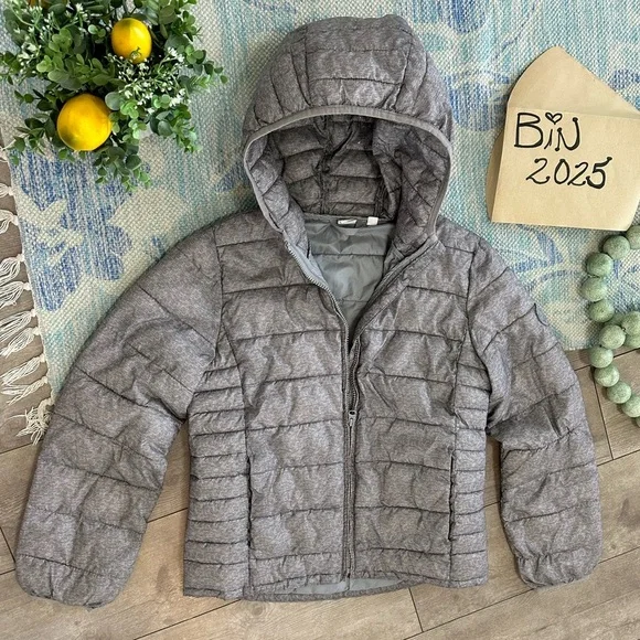 Gap Kids Girls XXL Hooded Zip Puffer Coat Jacket Gray Metallic with Pockets
