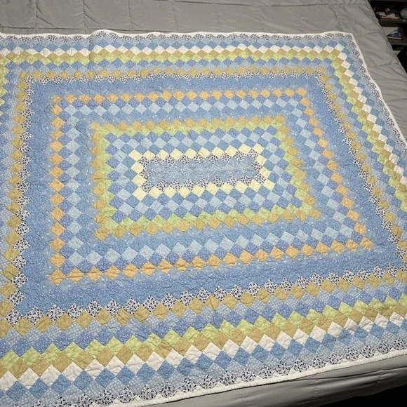 Vintage Handmade Baby /Child Quilt Blues Greens Floral Small Diamonds 60