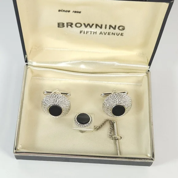 Vintage Swank Silver & Black Onyx Cuff Link Tie Lapel Pin Browning Fifth Avenue