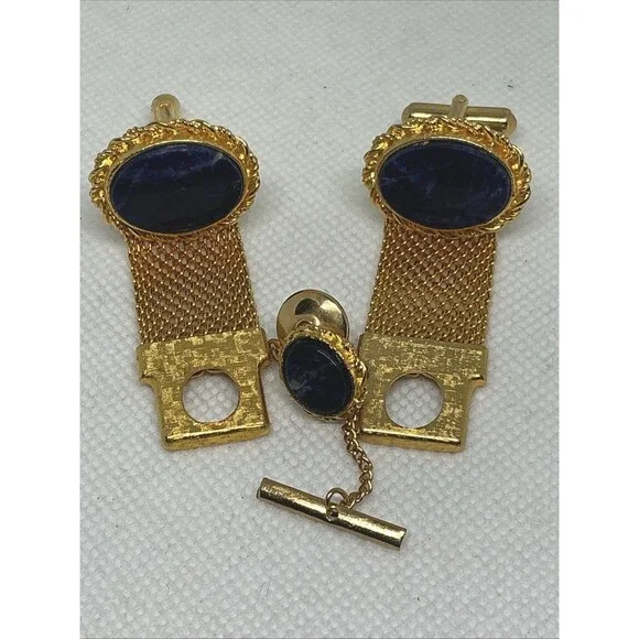 Vintage Retro Gold Tone Blue Stone Oval Mesh Wrap Around Cufflinks With Tie Tack