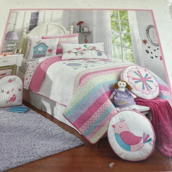 Maggie Miller Children's Twin Quilt 68x86 Pink Bird Floral Stripe Kids Bedding