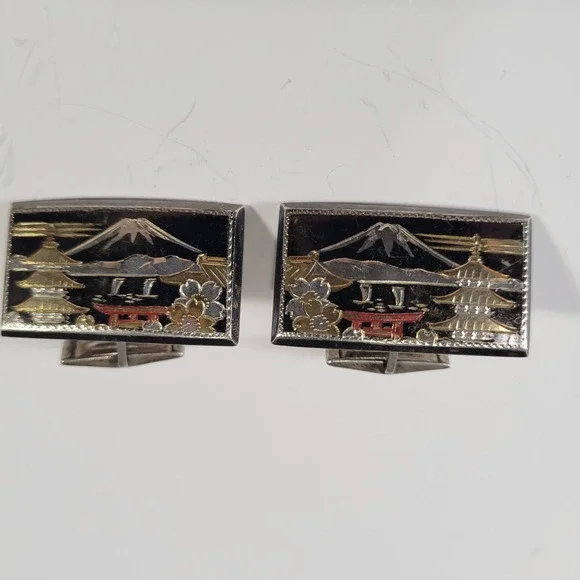 Vintage Sterling Silver Japanese Damascene Cufflinks Pagoda Landscape‎ Offset