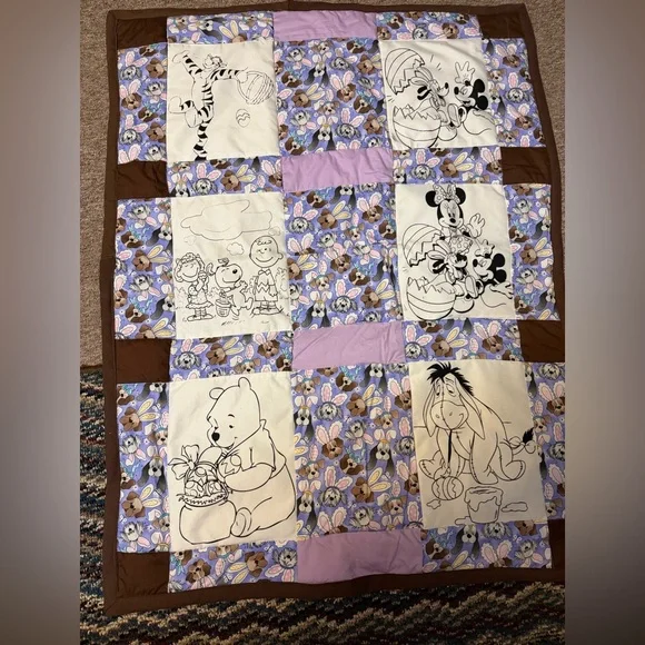 Handmade Disney Character Patchwork Coloring Quilt - Purple, Brown, Cream