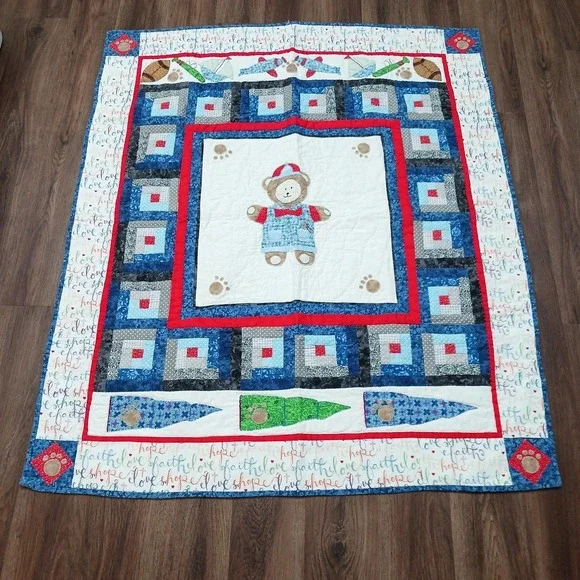 Handmade Baby Quilt Religious Bear Boy 44