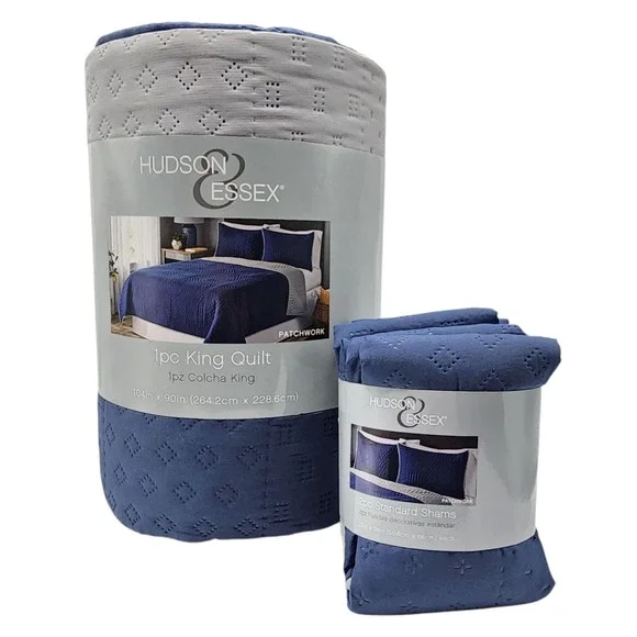 Hudson Essex 3pc Navy Gray Reversible One King Size Quilt And 2 Standard Shams