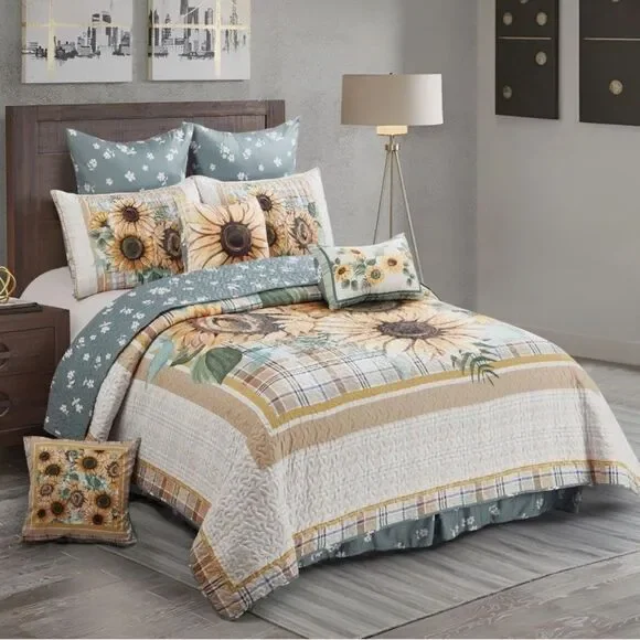 Sunflower Bouquet Printed Lightweight KING Quilt Set Cottagecore Farmhouse