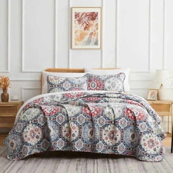 Boho Batik Style Bohemian Print Muted Block Oversized Queen Quilt Set
