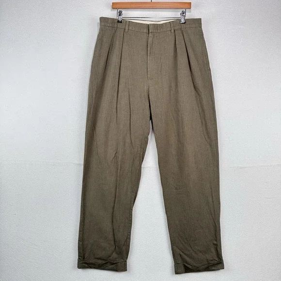 Vtg Polo Ralph Lauren Fits 36x32 Tan Herringbone Pleated Cuffed Dress Pants