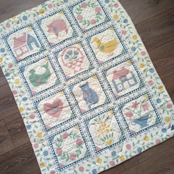 Vintage 80s Baby Quilt Wall Hanging Pastel Animal Cat Whale Duck Floral Folk Art