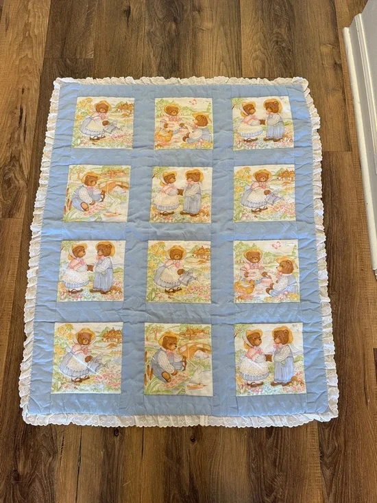 Blue Teddy Bear Patchwork Baby Quilt with Lace Trim
