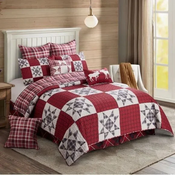 Country Star Patchwork Printed Lightweight King Size Quilt Set Farmhouse Rustic