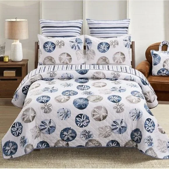 NEW! Beach Theme Sand Dollar Boho Printed KING Quilt Set with Matching Tote Bag