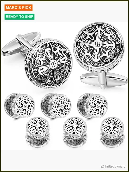 Vintage Enamel Carbon Fiber Tuxedo Cufflinks and Studs Set for Regular Wedding