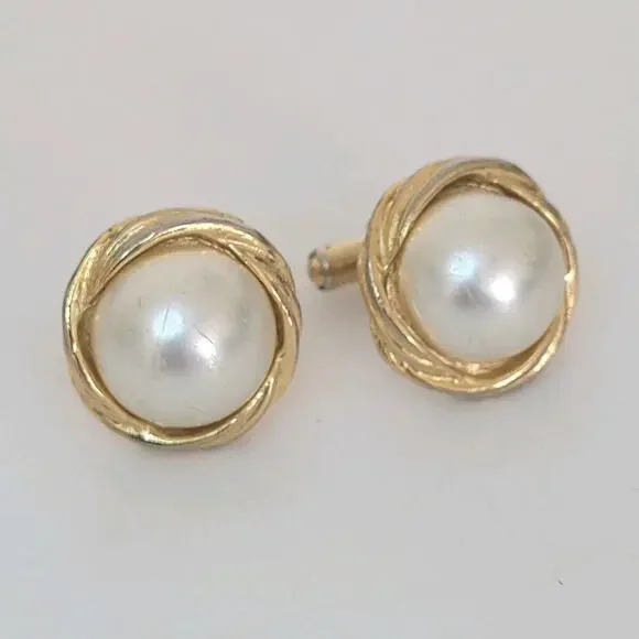 Unbranded Cufflinks Gold Large Faux Pearl Tone Logo Round Vintage Retro
