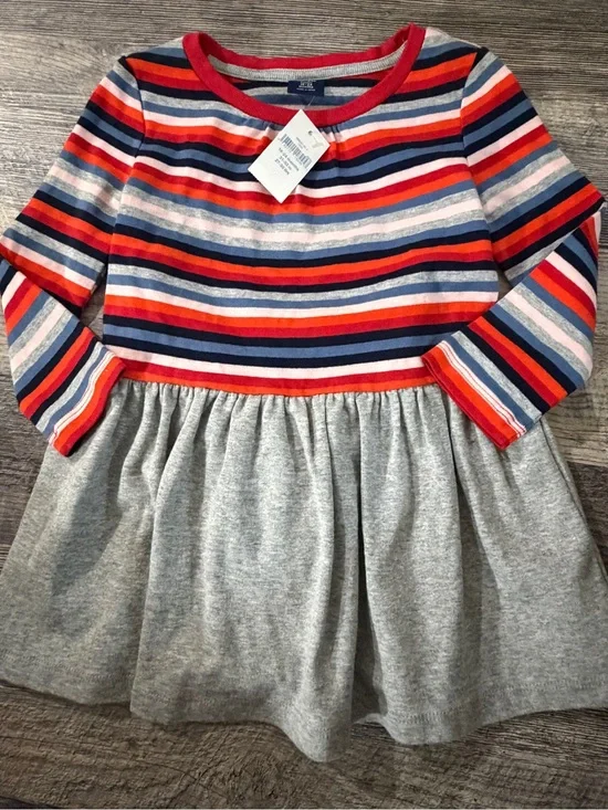 NWT Baby Gap Toddler Striped Long Sleeve Dress 18-24M Gray Red Blue Playtime