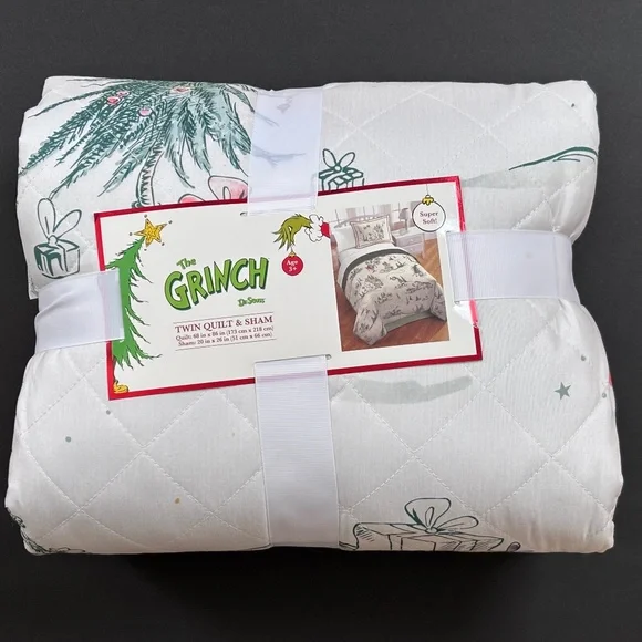 Dr. Seuss The Grinch Kids Twin Bed Quilt & Sham Set Christmas Holiday NWT