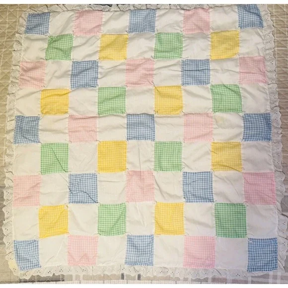 Vintage Baby Blanket Square Crib Toddler Bed Quilted Blue Multicolor Patchwork