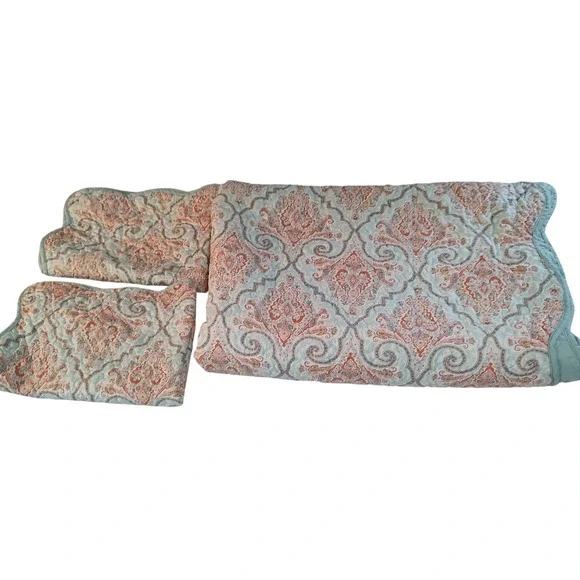 Aqua Paisley Quilted Bedspread‎ Two Pillow Shams Reversible Queen 90x88 SEE