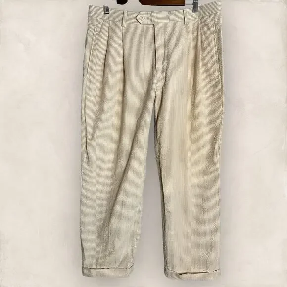 Jos A Bank Seersucker Trouser Pants Tan White Preppy Cuffed Pleated 34x28