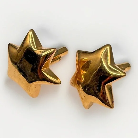 Vintage Chunky Shiny Gold Tone Clip-Back Puffed Star Cuff Links