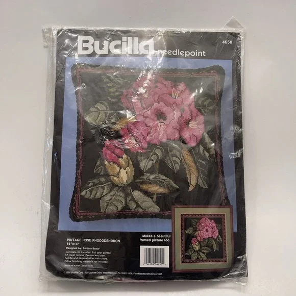 Bucilla Needlepoint Picture/Pillow Kit 1990 Vintage Rose Rhododendron 4650 NEW