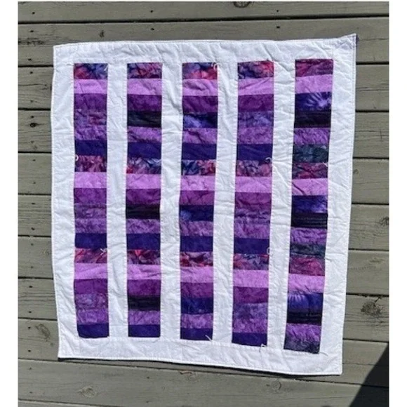 Handmade Purple Batik Patchwork Quilt Striped Tie Lap Blanket Wall Hanging 42x37