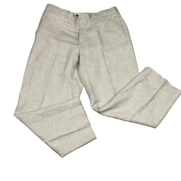 Lands End Linen Pants Mens 36 Beige‎ Excellent Flat Front Straight Leg Trousers