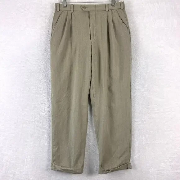 VTG Bachrach Pants Mens 32 (30) Beige Pleated Cuffed Wool Preppy Classic Luxury