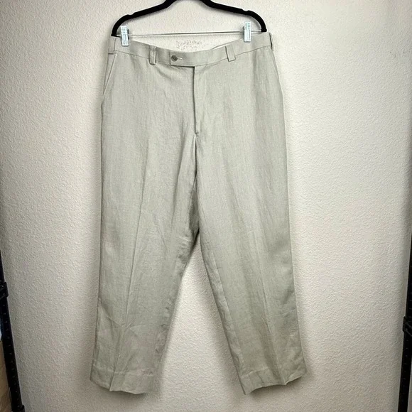 Calvin Klein Mens 36x30 100% Linen Dress Pants Beige Khaki Flat Front Trousers
