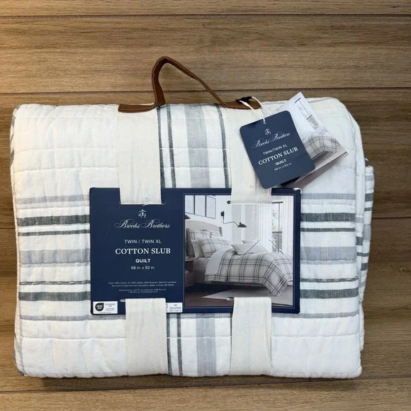 Brooks Brothers Cotton Slub Quilt and Shams 68x92 New Twin/XL White Gray Plaid