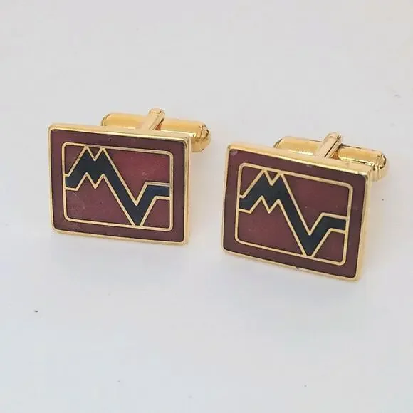 Mario Valentino MV Gold Red Black Tone Rectangle Logo Cufflinks Designer Retro