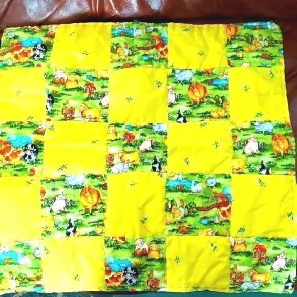 Vintage Miniature Handmade Yellow Farm Themed Quilt