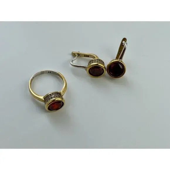 925 STERLING SILVER GOLD PLATED GARNET & CZ JEWELRY SET TURKEY