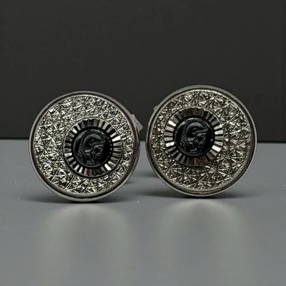 Roman Soldier‎ Cufflinks Textured Round Silver Tone Vintage Metal Bullet Back