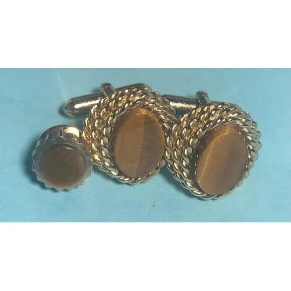 😸Tiger Eye Cufflinks & Matching Tie-tac, Set in braided Gold-tone wrap😸