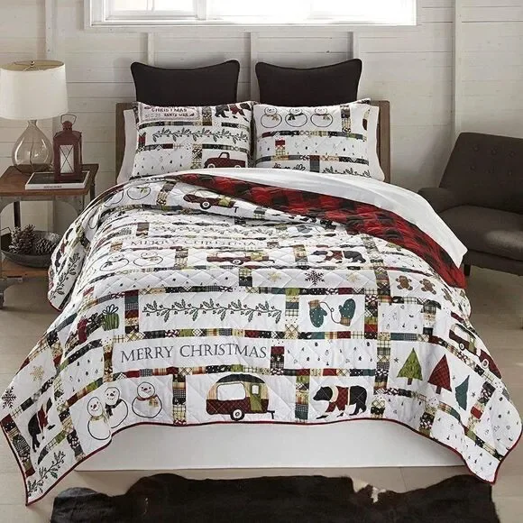 NEW!! Merry Christmas Farmhouse QUEEN Quilt Set