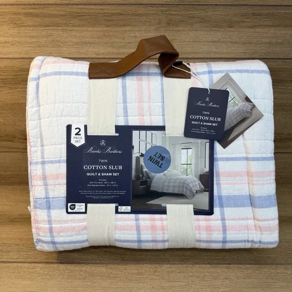 Brooks Brothers Cotton Slub Quilt and Shams 68x86 New Twin Pink Blue Plaid