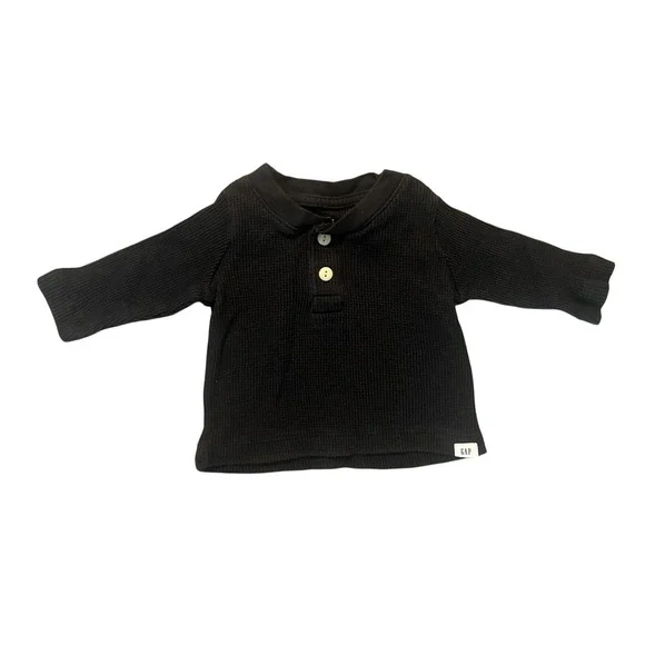 Baby Gap Black Waffle Knit Thermal Henley Long Sleeve Shirt 0-3 Months (0898)