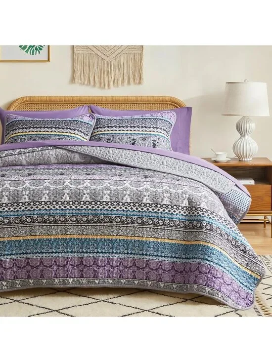 Colorful Boho Quilt Set Full/Queen - Purple & Grey Striped Bedding, Soft
