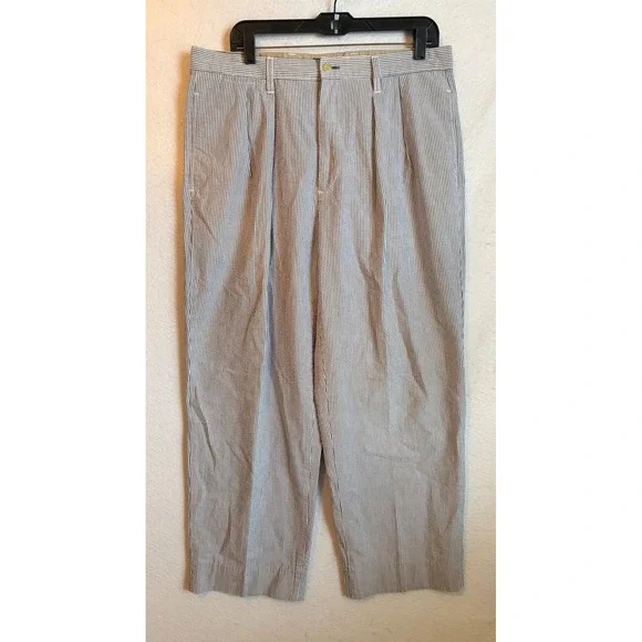 Tommy‎ Hilfiger Mens Seersucker Pleated Pinstripe Trousers Blue White 36x32