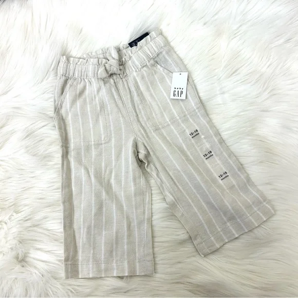 NWT Baby Gap Neutral Striped Linen Pants Baby Girl Size 12-18M