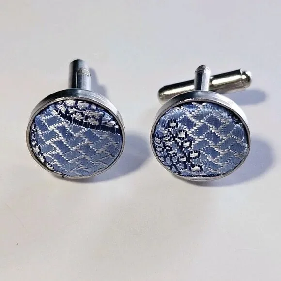 Silver Tone Blue And White Silky Fabric Round Cufflinks Vintage