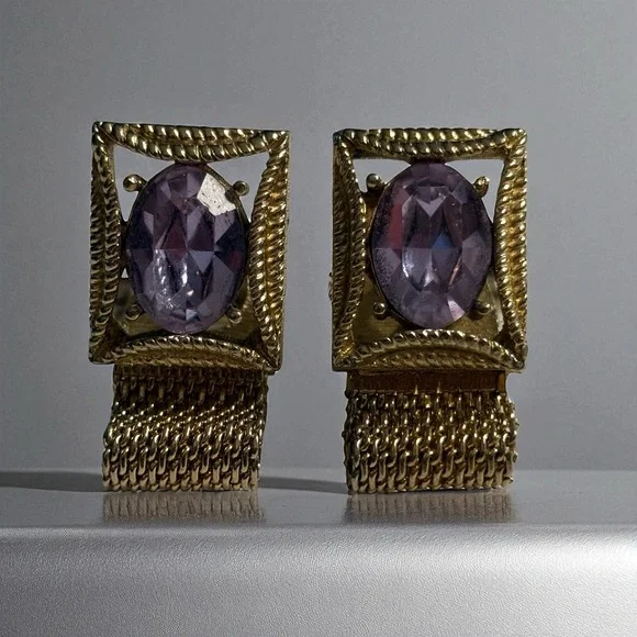 VTG Swank Purple Amethyst Glass Cufflinks Gold Tone Wrap‎ Around Open Rectangle