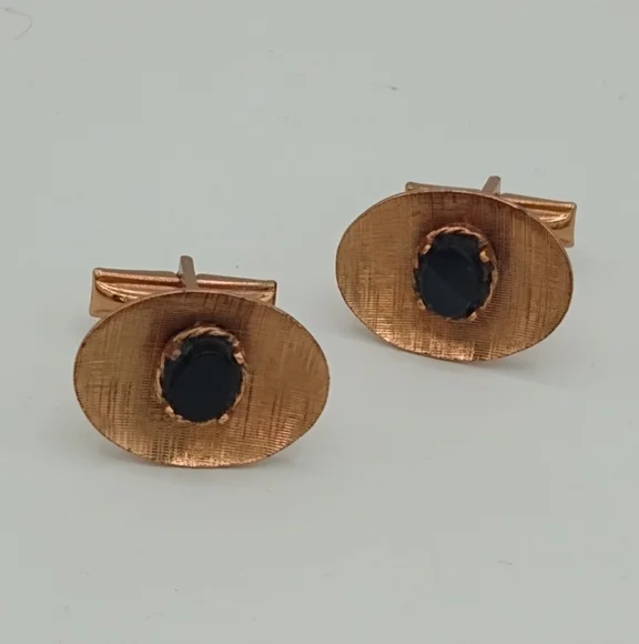 Onyx Center Copper Plated Cufflinks Midcentury Vintage