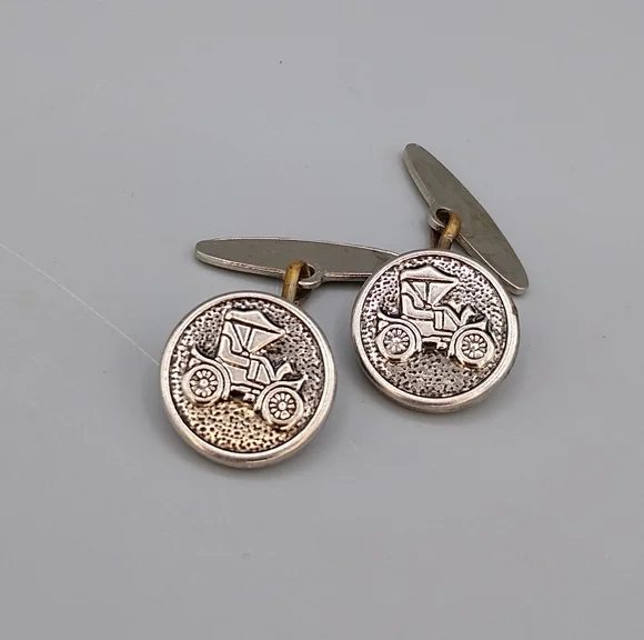 Vintage Model T Ford Car Cufflinks Silver Tone Button Back .75” Auto History