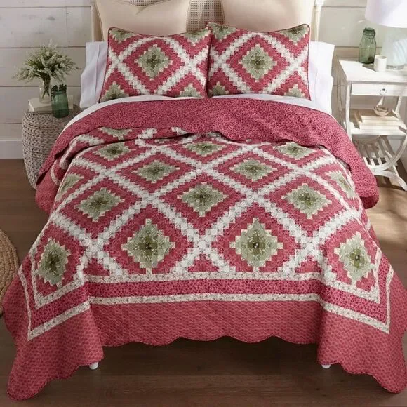 NEW! Sweet Melon KING Size Printed Quilt Set Diamond Farmhouse Country