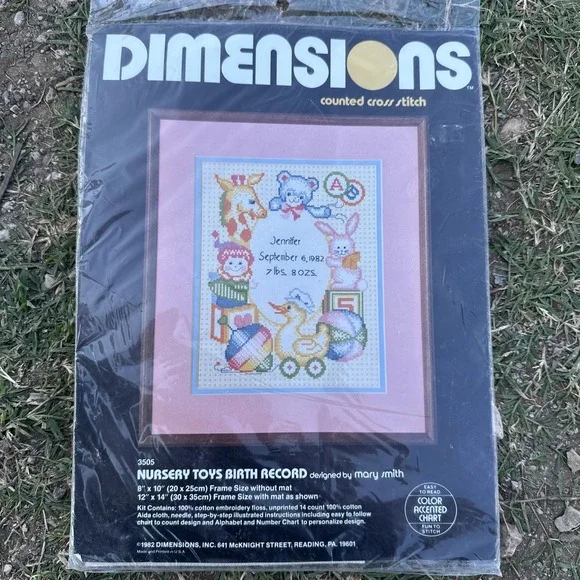 Unfinished Dimensions # 3505 Nursery Toys Birth Record Counted Cross Stitch